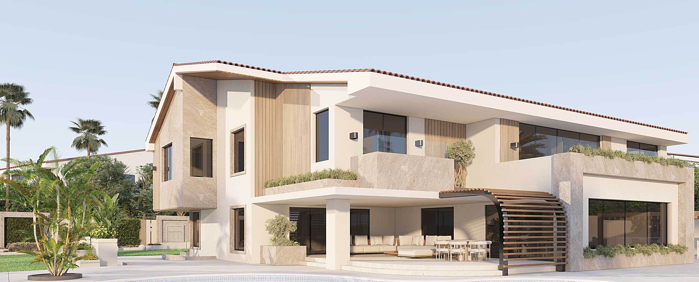 Elrabwa Villa · pool-facing façade design visualisation